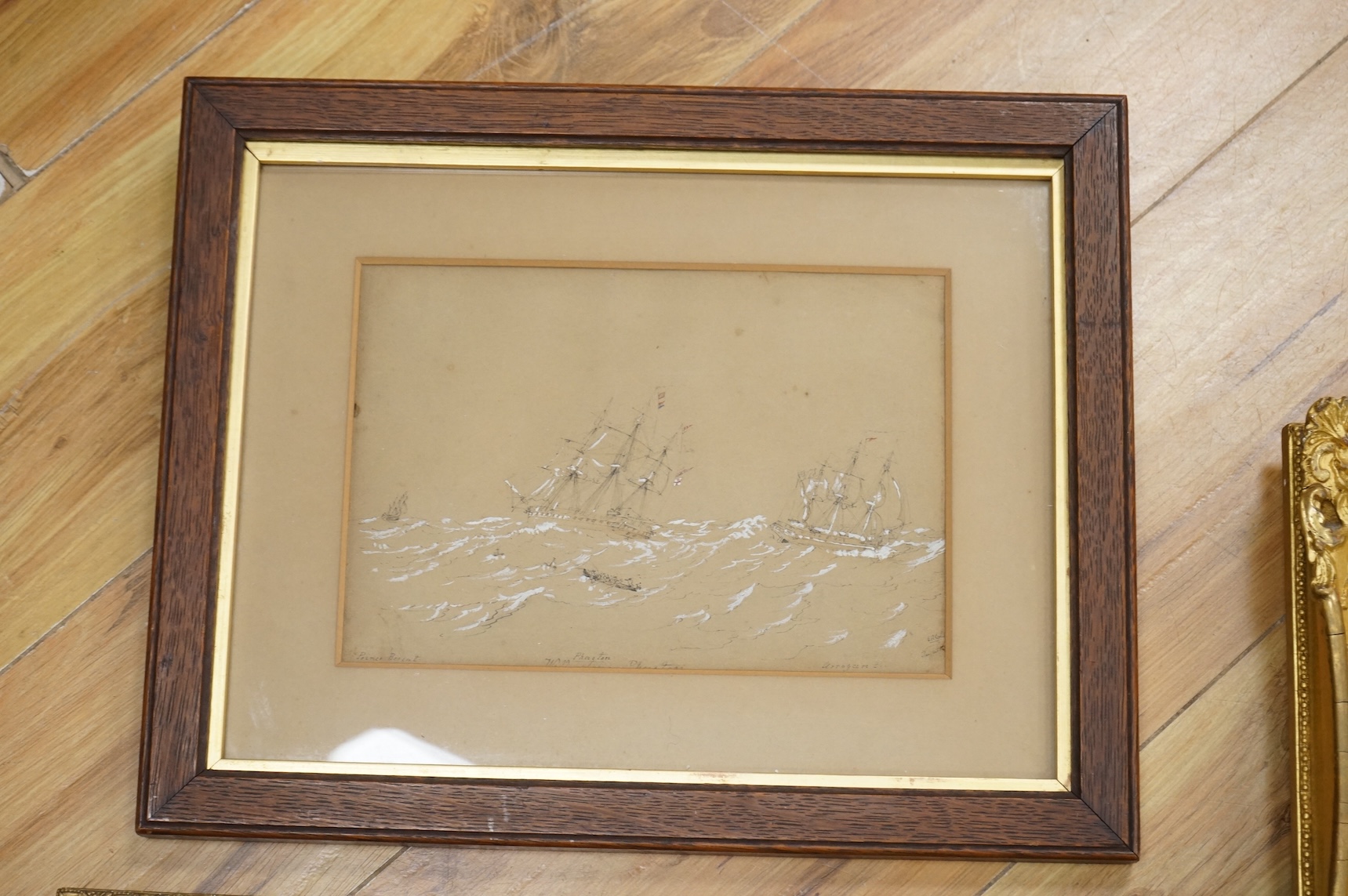 C. Leader, oil on canvas, riverscape, together with another oil and a heightened ink sketch of HMS Phaeton, frigate, largest 35 x 24cm